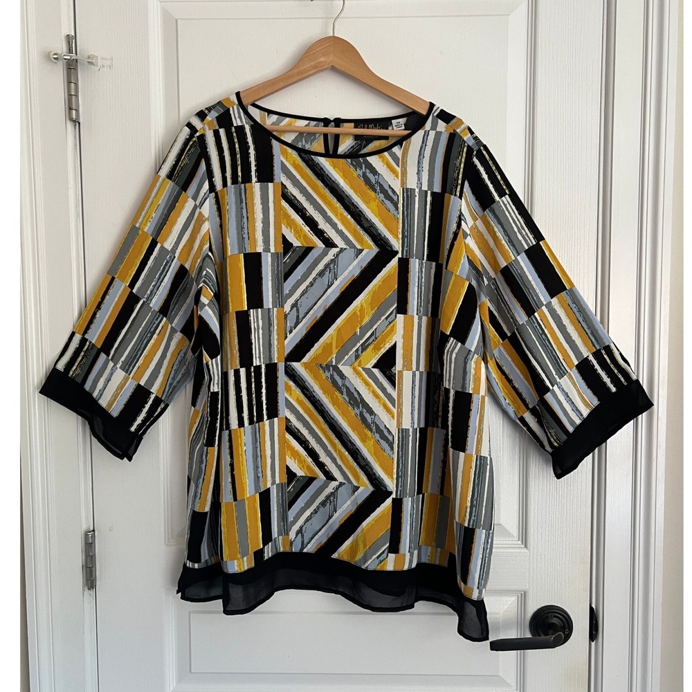 Bob Mackie Wearable Art QVC Blouse Women 2X Yellow Black Geometric Sheer Trim